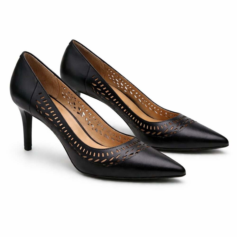 Unisa Black Laser Cut Pointed Toe Heels Size 7.5M Stiletto Pumps Classic Chic
